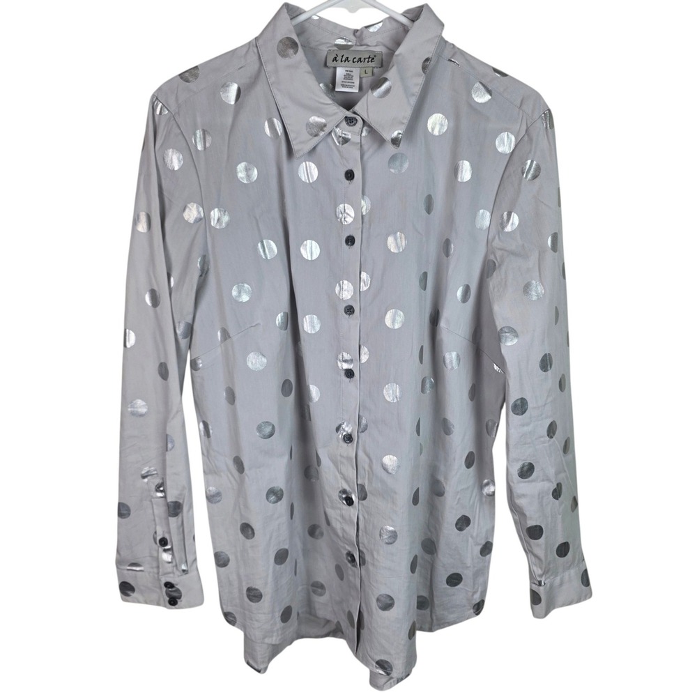 à‎ la carte Button Down Women L Grey Silver Excellent Metallic Polka Dot Shirt - Picture 10 of 10